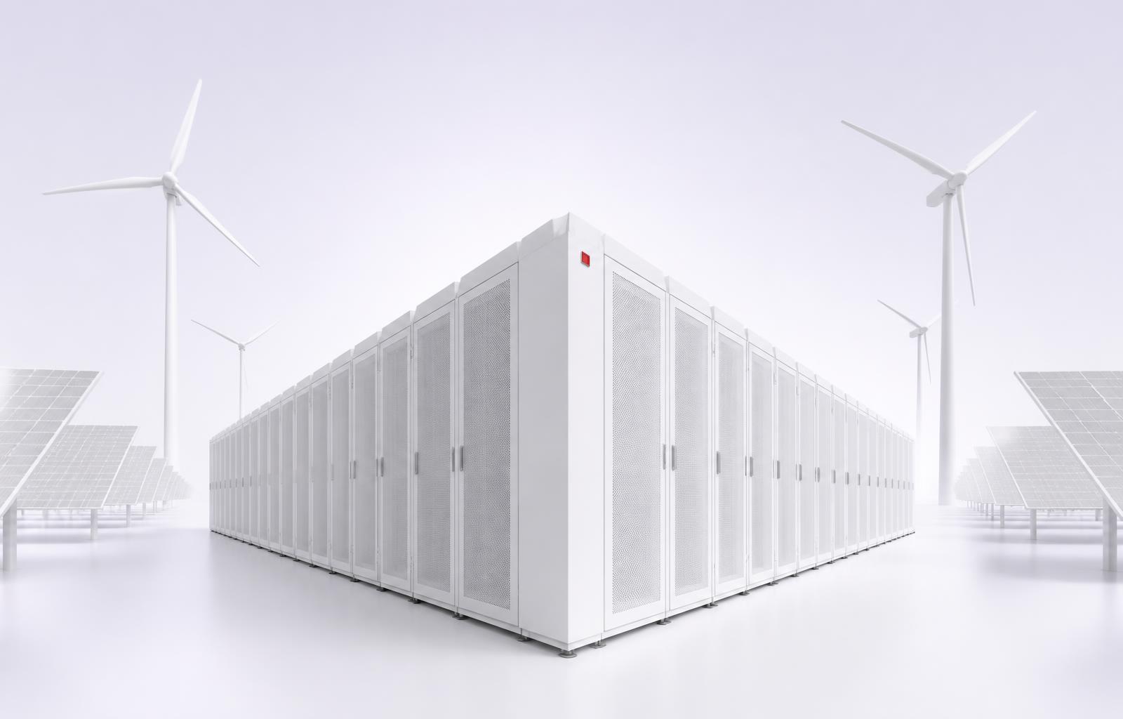 Technical render of a row of server cabinets next to solar panels and wind turbines