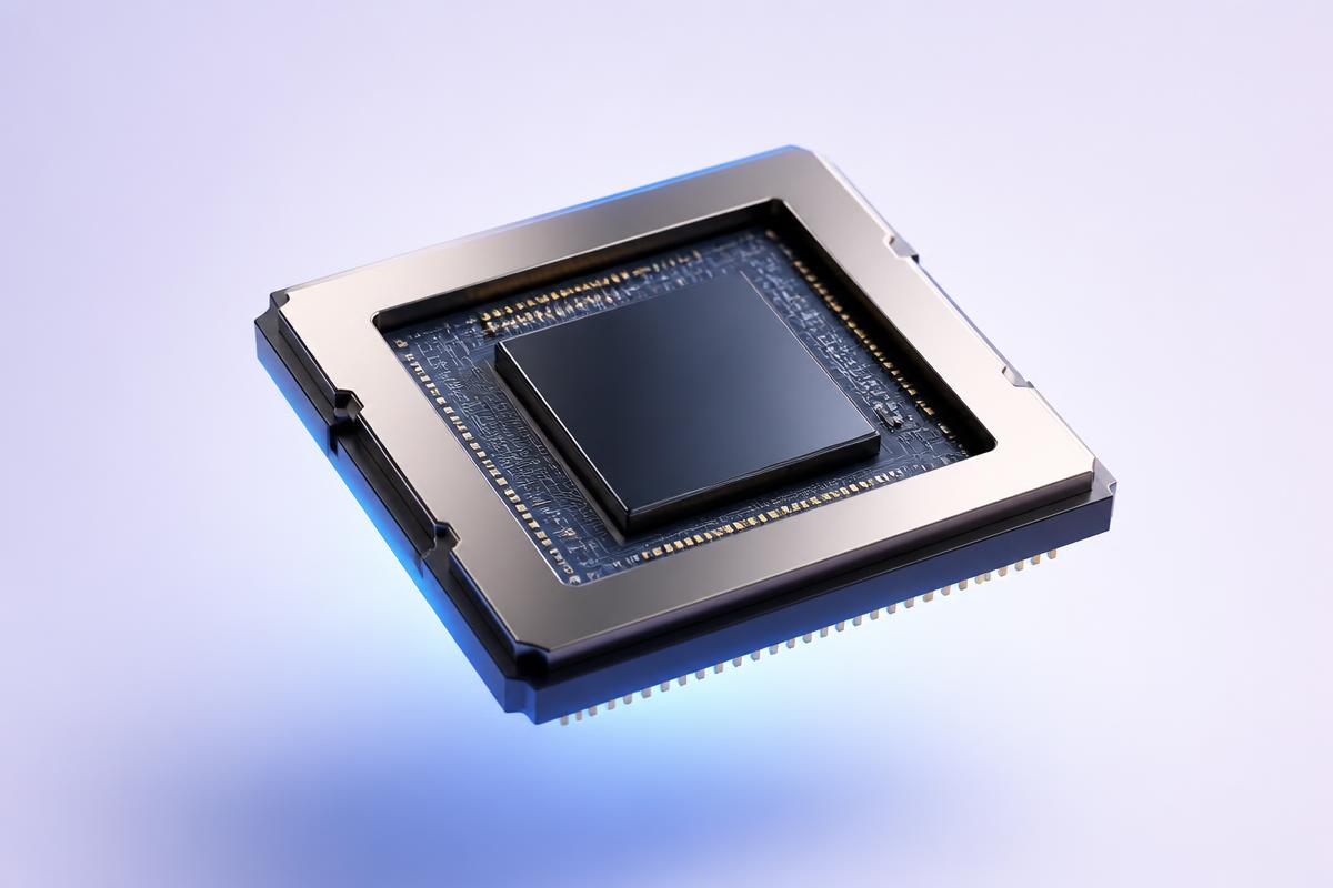 Macro render of a processor package with a brushed metal heat spreader on a pale surface