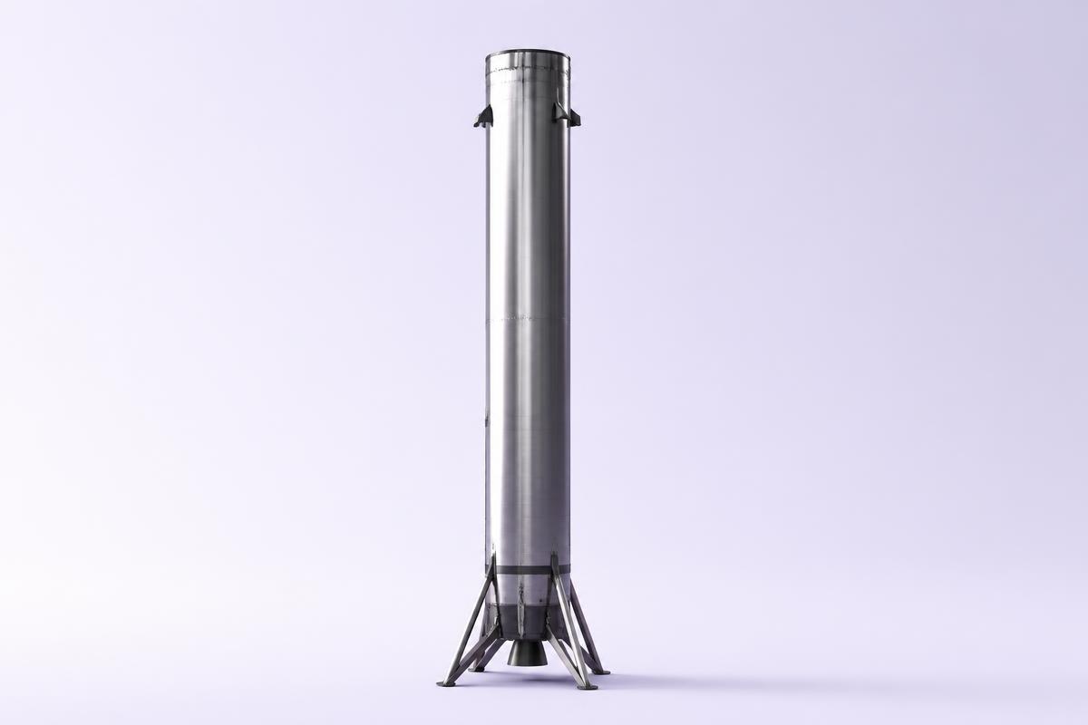 Matte white render of a slender launch vehicle standing on a minimal launch pad